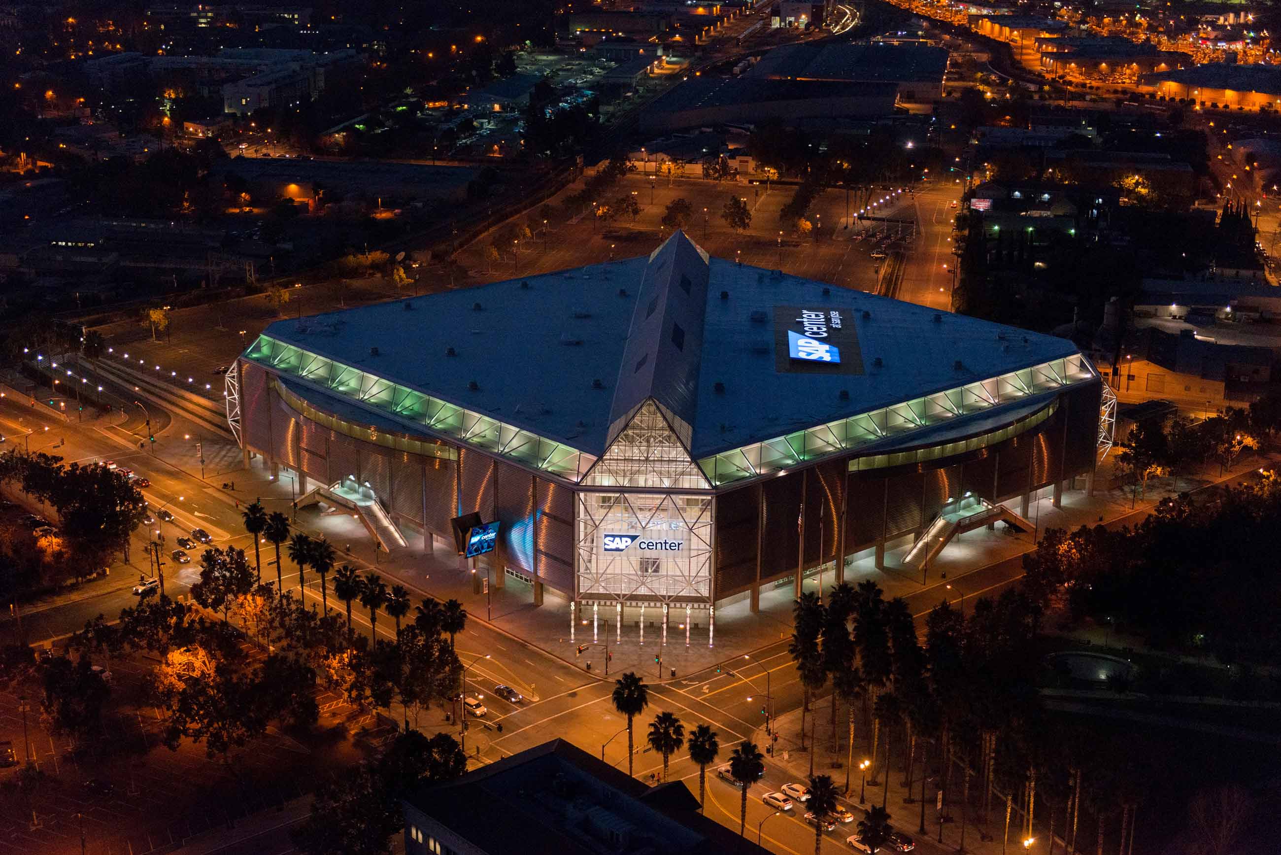An aerial view of the SAP center at night