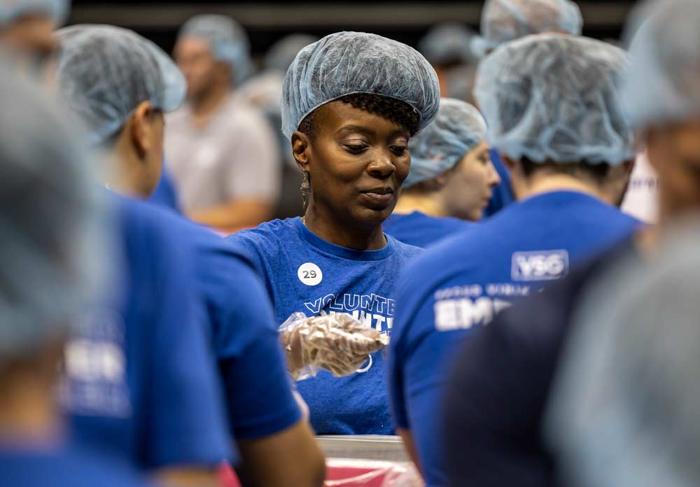 Close up on one woman volunteering at a food bank