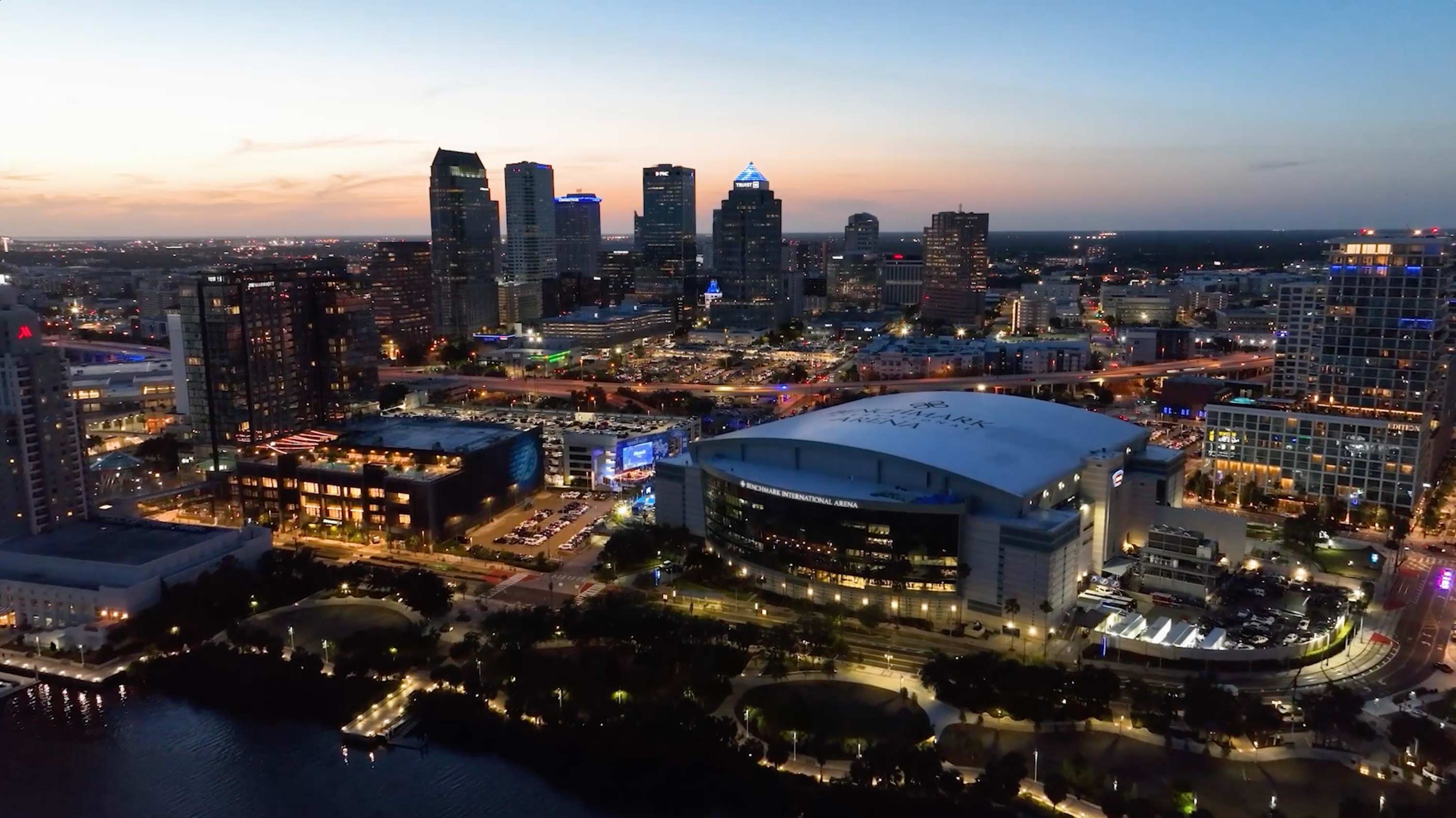 Overhead view of Tampa with the Benchmark International Arena in the background